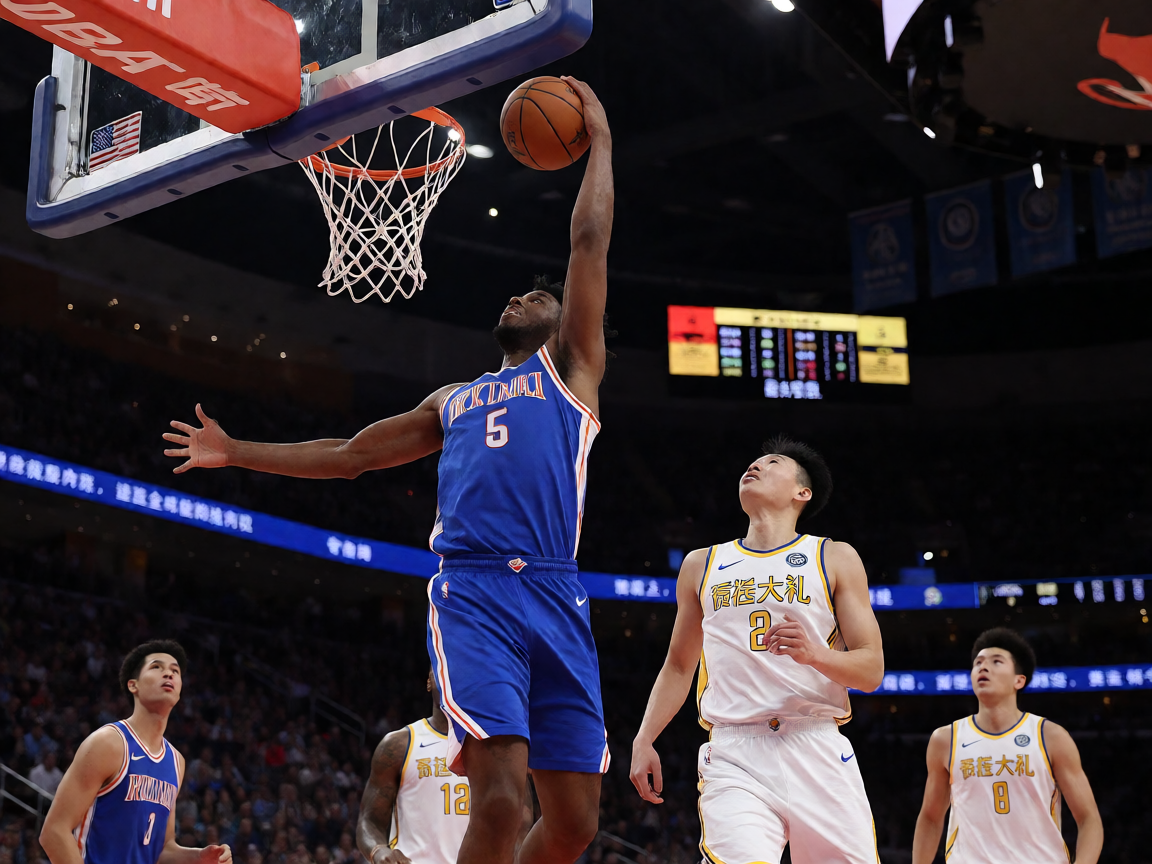 NBA篮球比赛现场，球员扣篮瞬间