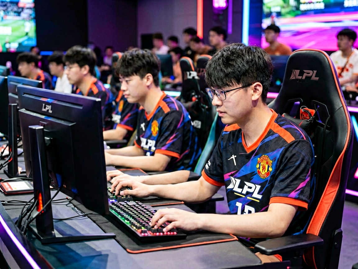 LPL春季赛电竞比赛现场，选手专注操作